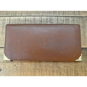 Vintage Yves Saint Laurent Long Wallet Billfold Leather Gold Corners France 80s